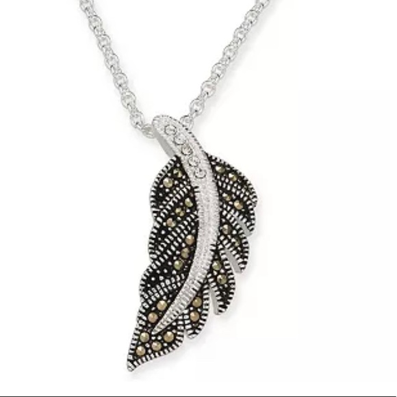 Marcasite & Crystal Feather 18" Pendant Necklace in Silver-Plate - Picture 2 of 2